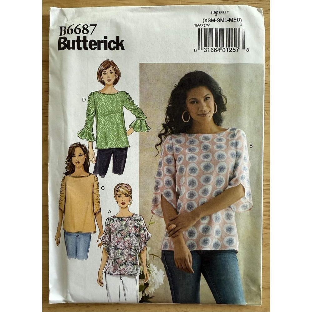 Butterick Pattern B6687 Misses' Tops With Sleeve Variations Size XS, S, M, Uncut